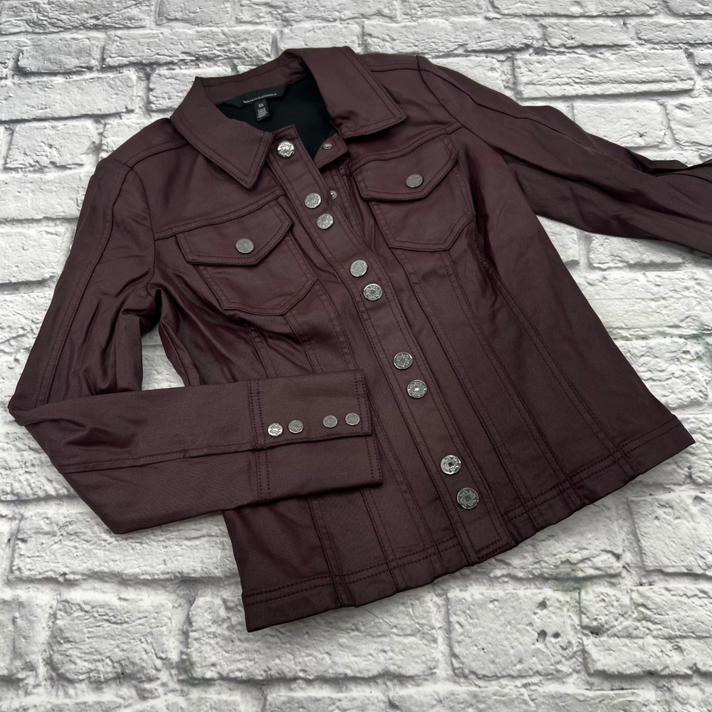 White House Black Market Burgundy Coated Denim Utility Jacket XS Silver Buttons